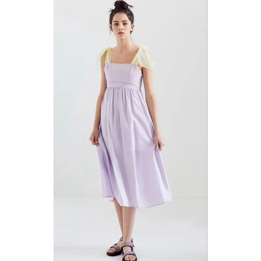 Urban Outfitters Purple Midi Dress L | Yellow Tie Straps | Lined | Cottagecore S